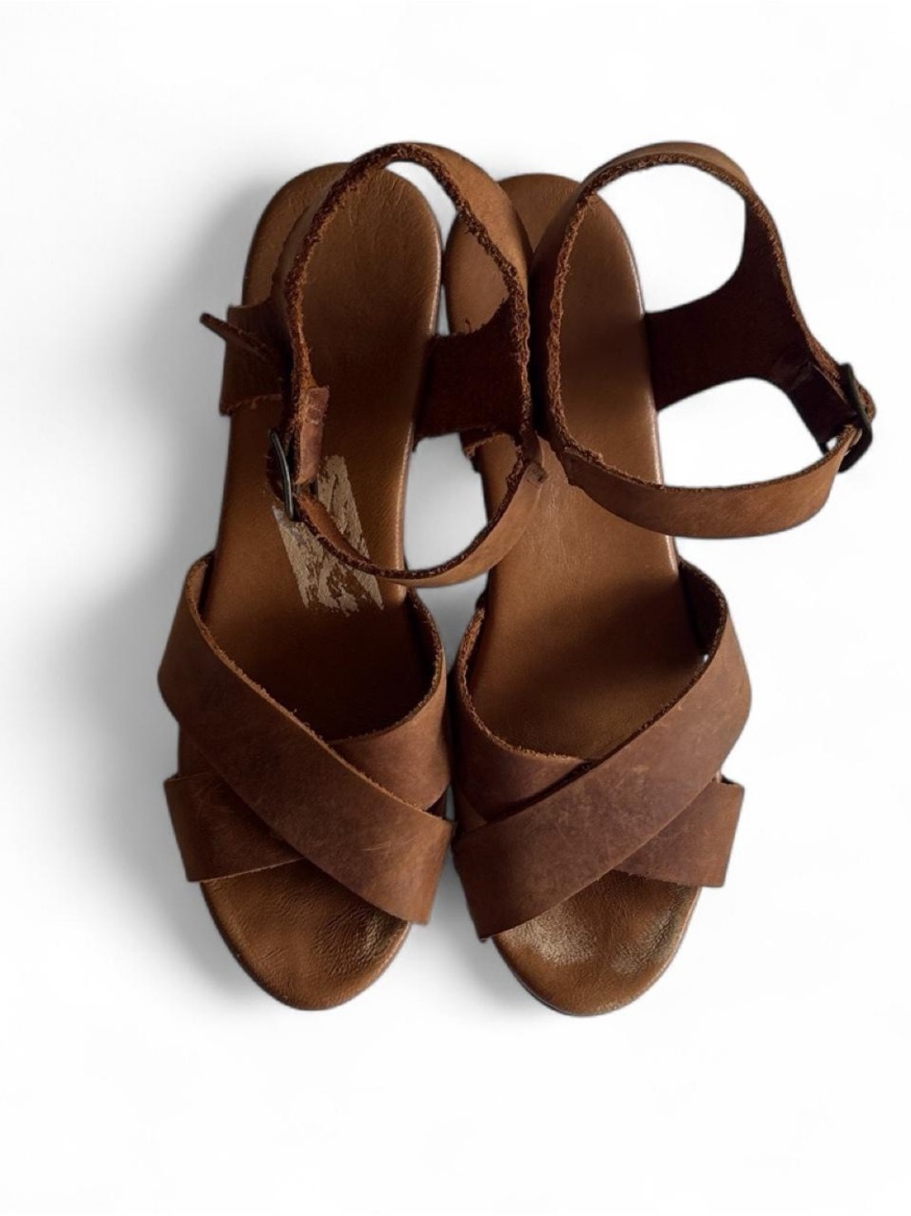 Italian Brown Leather Platform Sandal Chunky Heel Ankle Strap Brass Nailhead 8.5 - Picture 3 of 7